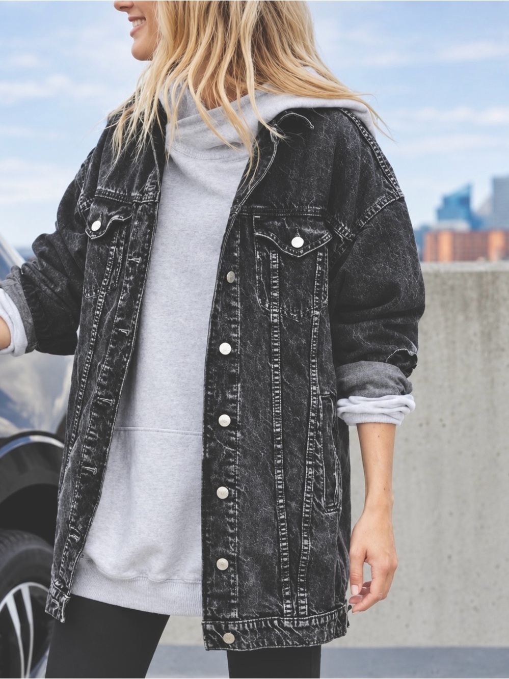 American Eagle Outfitters Black Washed Longline Denim Jacket